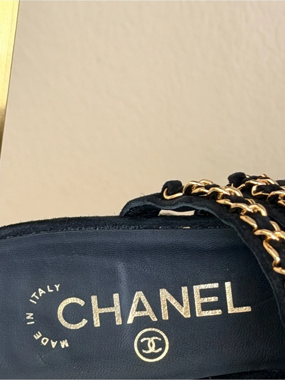CHANEL Black Suede Chain-Trim Slide Mules